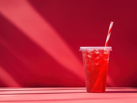 A clear cup filled with a red, icy drink sits on a smooth surface photo
