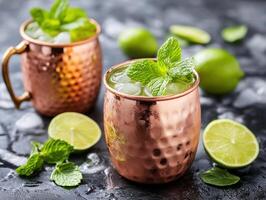 Refreshing mint drinks served in copper mugs with lime photo