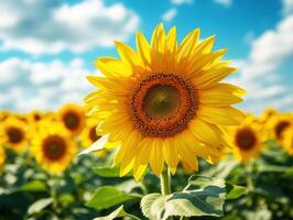 Sunflower blooming in vibrant field under a bright blue sky photo