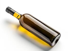 Glass bottle with golden liquid on white background photo