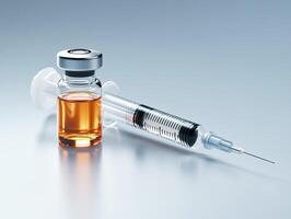 Syringe and vial containing liquid positioned on a reflective surface photo