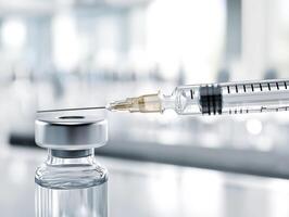 Syringe filling with vaccine from glass vial in laboratory setting photo