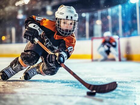 Young hockey player races on ice during an intense practice session photo