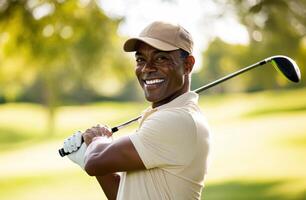 Smiling golfer preparing to swing club on sunny golf course photo