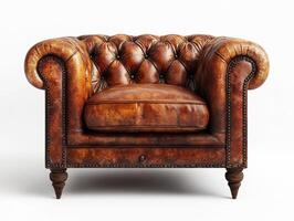 Elegant brown leather armchair with tufted design and classic style photo