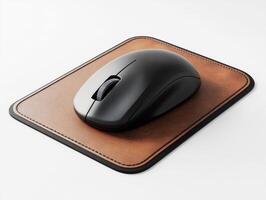 Mouse resting on a brown leather mouse pad showing modern design photo