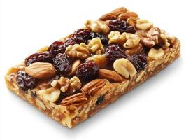 Delicious nut and fruit energy bar with a crunchy texture photo
