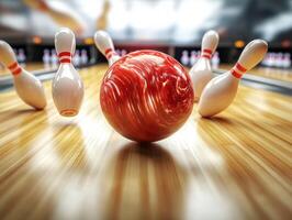 Bowling ball rolls toward pins in a lively bowling alley photo