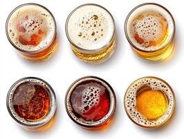 Enjoying various beers in glasses with foamy tops photo