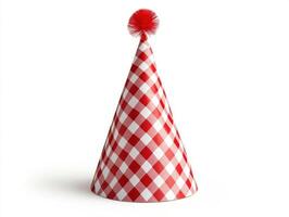 Party hat with red and white checkered pattern displayed photo