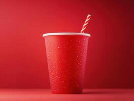 Bright red cup with straw and condensation against red background photo