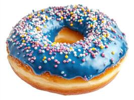Blue frosted donut with colorful sprinkles on a white background photo