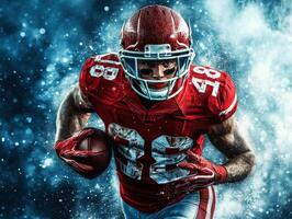 Dynamic football player rushing with ball in a dramatic setting photo