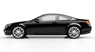 Sleek black coupe parked on a clean white surface in studio photo