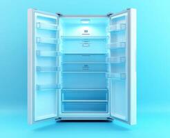 Modern refrigerator with bright interior and open doors photo