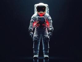 Astronaut standing in a dark space with glowing effects at night photo