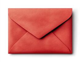 Bright red envelope with sealed flap resting on white background photo