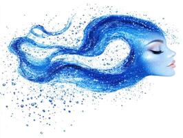 Creative depiction of a woman with flowing blue hair and bubbles photo