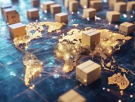 Global logistics network with parcels on a digital map photo