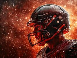 Intense football player in rain with dramatic lighting photo