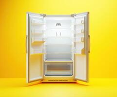 Refrigerator open against a bright yellow background photo