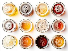 Variety of beers showcased in glasses on a white background photo