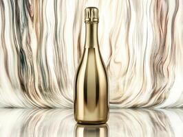 Elegant gold champagne bottle on reflective abstract surface photo