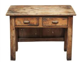 Rustic wooden table with two drawers on a plain backdrop photo