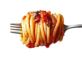 Delicious spaghetti served on a fork with rich tomato sauce photo