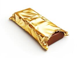 Chocolate bar wrapped in shiny gold foil on white background photo