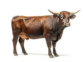 Brown cow standing calmly in a studio setting photo
