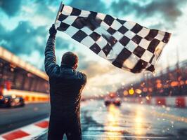 Race official waving checkered flag at sunset during race photo