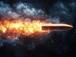 High-speed bullet traveling through a cloud of smoke and fire photo