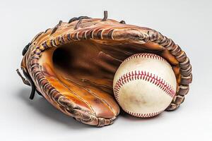 Vintage baseball glove and ball on a neutral backdrop photo
