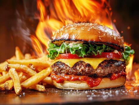 Grilled burger with fries and flames in a restaurant setting photo