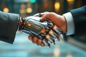 Robot and human shake hands showing future of technology collaboration photo
