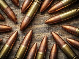 Bullets arranged in a circular pattern on a wooden surface photo