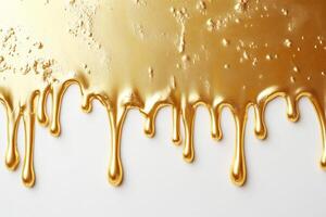 Gold liquid dripping on a smooth surface in a creative setting photo