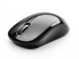 Black wireless computer mouse on a white background photo