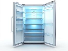 Open refrigerator with interior lighting and empty shelves photo