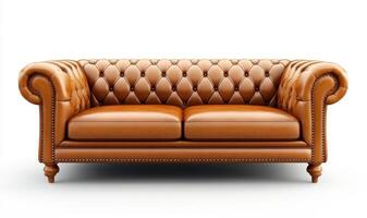 Elegant brown leather sofa with tufted design and classic style photo