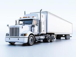 Large white truck with trailer on bright background at studio photo