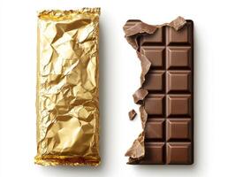 Delicious chocolate bar with golden wrapper on a white background photo