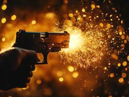 Shooting a pistol with sparks and lights on a dark background photo