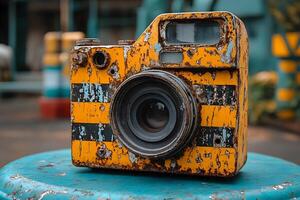 Vintage Rusty Camera on Industrial Background for Retro Design photo