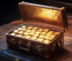 Treasure chest filled with gold bars resting on a wooden surface photo
