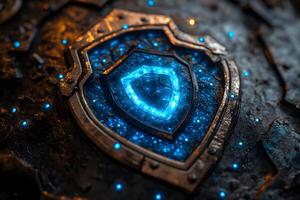 Futuristic Glowing Shield Emblem with Neon Blue Lights - Cybersecurity Design Concept photo