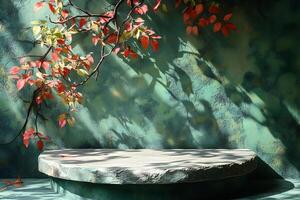 Autumn Foliage on Rustic Stone Table in Sunlit Garden Scene photo