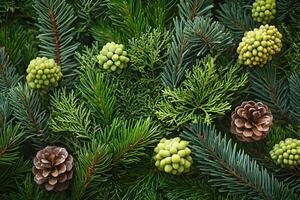 Evergreen Holiday Background with Pine Cones and Greenery for Winter Design photo
