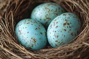 Speckled Robin Eggs Nestled in Natural Bird Nest for Spring Decor or Nature Themed Design photo